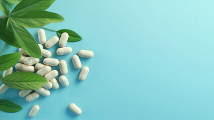 herbal natural pills on blue background with copy space, AI Generated. Generative AI - obrazy, fototapety, plakaty