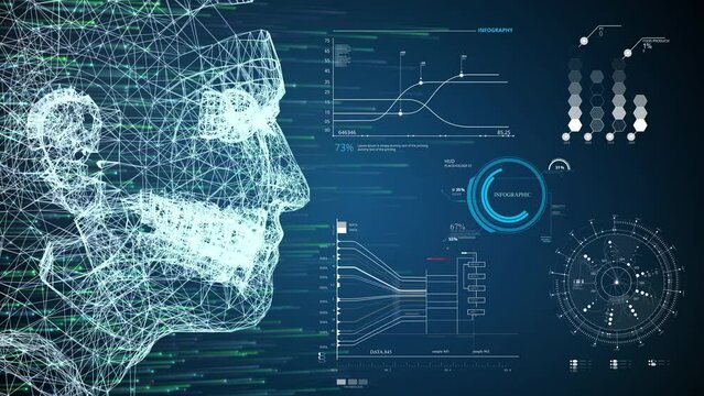 Digital interface animation of AI powered digital information source, info-graphics and digital human face, equalizers and loading bars. AI concept creating programs that can mimic human intelligence.
