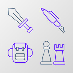 Set line Chess, School backpack, Fountain pen nib and Sword for game icon. Vector