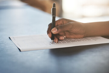 Checklist, tick and hands writing report, agenda or planning administration at work. Receptionist,...