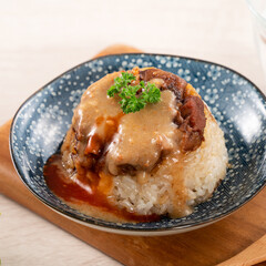 Migao, tube rice cake, rice pudding in a bowl, delicious Taiwanese street food.