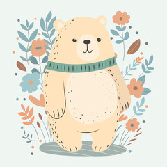 bear in flat style on floral background isolated vector