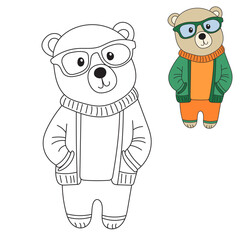 bear with glasses coloring book isolated