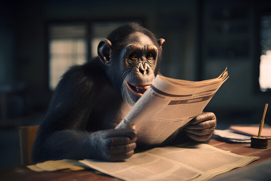 Chimpanzee jocko primate reads a newspaper and smiles cheerfully laughs at the workplace at the table in the office. Generative AI.