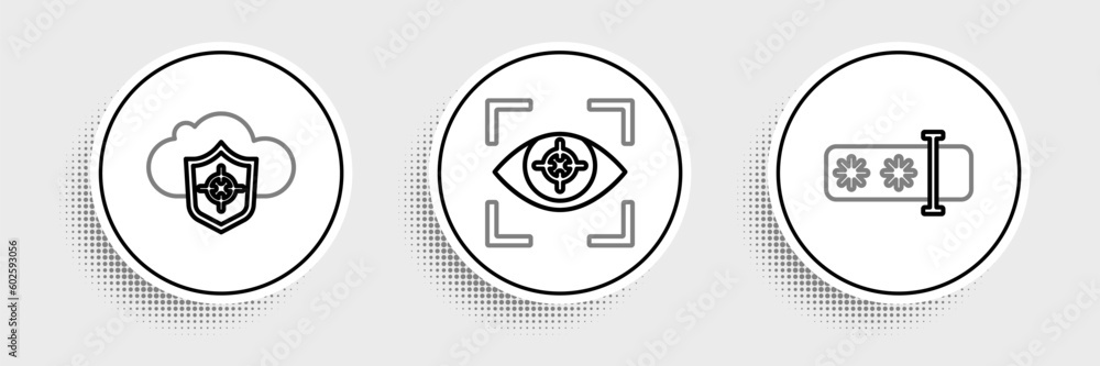 Poster set line password protection, cloud and shield and eye scan icon. vector