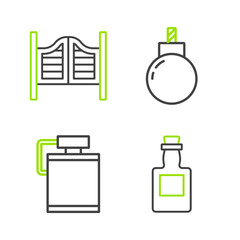 Set line Tequila bottle, Canteen water, Bomb ready to explode and Saloon door icon. Vector