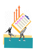 Collage sketch picture of two young funny colleagues hold notebook to do list task completed good...