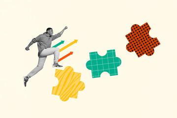 Photo banner motivation collage of young sportsman running incomplete puzzles reaching achievement...