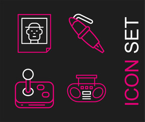 Set line Home stereo with two speakers, Joystick, Fountain pen nib and Photo icon. Vector