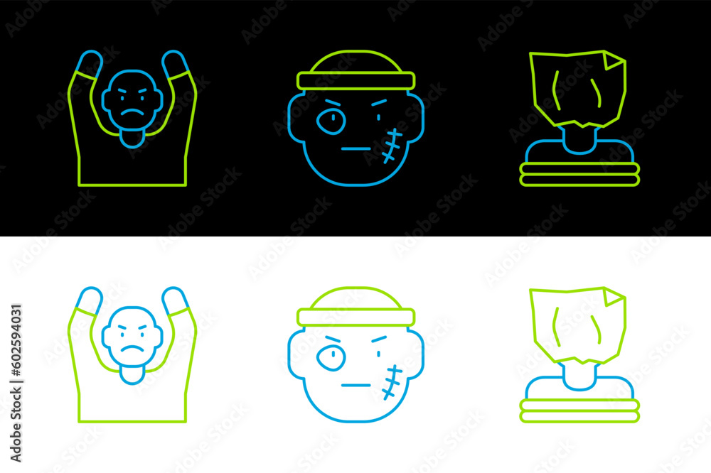 Poster set line kidnaping, thief surrendering hands up and bandit icon. vector