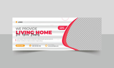 Real estate social media cover design, A banner design for a property company, Home for sale banner design, Home real estate social media cove template. Editable housing web banner design