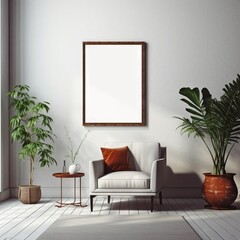 Minimalist Interior Design: White-Walled Living Room Featuring Potted Green Plant, Comfy Chair with Cushion, and Blank Picture Frame Awaiting Artistic Inspiration.