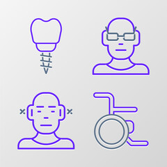 Set line Wheelchair, Deaf, Poor eyesight and Dental implant icon. Vector