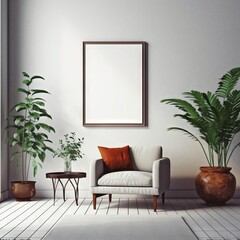 Minimalist Interior Design: White-Walled Living Room Featuring Potted Green Plant, Comfy Chair with Cushion, and Blank Picture Frame Awaiting Artistic Inspiration.