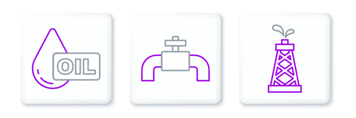 Set line Oil rig, drop and Metallic pipes and valve icon. Vector