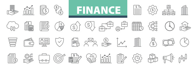 Fototapeta na wymiar Finance & Money line icons set. Finance Outline icons collection. Business, Money, invoice, Profit, Investment, loan symbols. Stock Vector