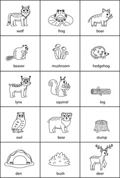 Set of cartoon black and white woodland animals with names.