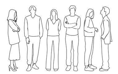 Vector silhouettes of  men and a women, a group of standing  business people,  linear sketch, black and white color isolated on white background