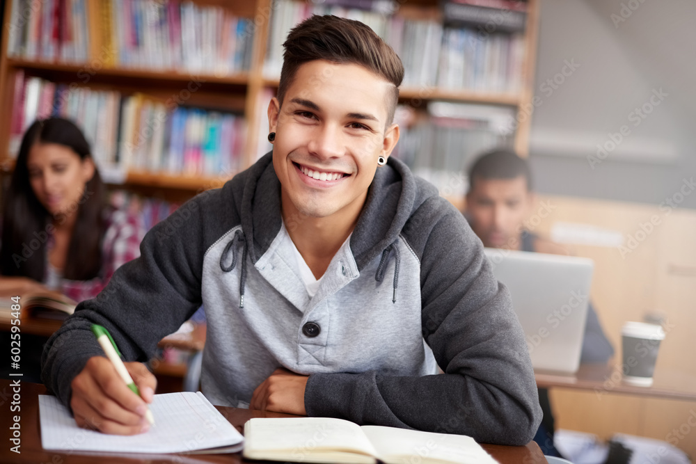 Poster Learning, writing and college with portrait of man in library for education, research and classroom quiz. Focus, study and notebook with student at university for knowledge, scholarship and project