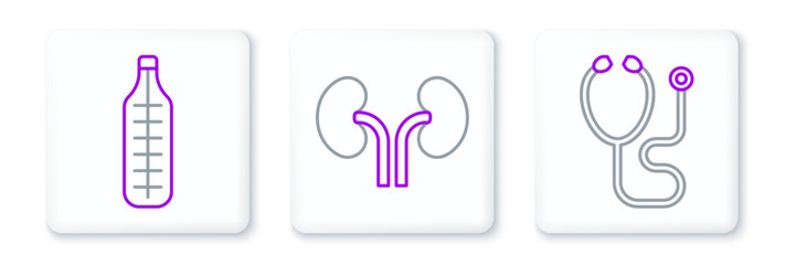 Set line Stethoscope, Medical thermometer and Human kidneys icon. Vector