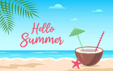 Hello summer. Coconut cocktail on the sand by the sea. Flat vector illustration. Seaside vacation concept