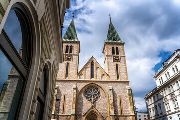 The Sacred Heart Cathedral or Sarajevo Cathedral, travel to Bosnia Balkans. Beautiful urban...