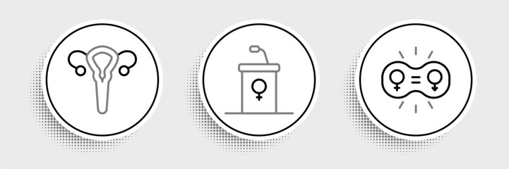 Set line Gender equality, Female reproductive system and Debate podium rostrum icon. Vector