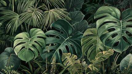 Fototapeta premium Tropical Paradise: Dark Green Monstera and Tropical Leaves Illustration, Background and wallpaper design. Generative AI