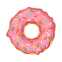 Delicious donut with pink icing with bright sweet sprinkles isolated on white background. Realistic vector illustration of sweet pastries.