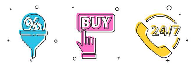 Set Lead management, Buy button and Telephone 24 hours support icon. Vector