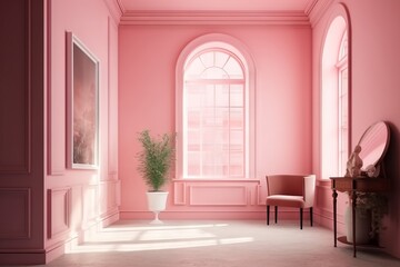 Fototapeta na wymiar 壁一面ピンクの明るい部屋：AI作品 