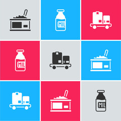 Set Tin can with caviar, Bottle milk and Hand truck and boxes icon. Vector