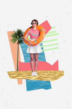 Collage artwork graphics picture of smiling happy lady working beach lifeguard isolated painting background