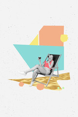 Obraz na płótnie Canvas Artwork magazine collage picture of happy funky lady sitting lounge chair talking modern device isolated drawing background