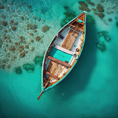 Obraz premium Aerial view of wooden boat on turquoise sea water. Generative AI
