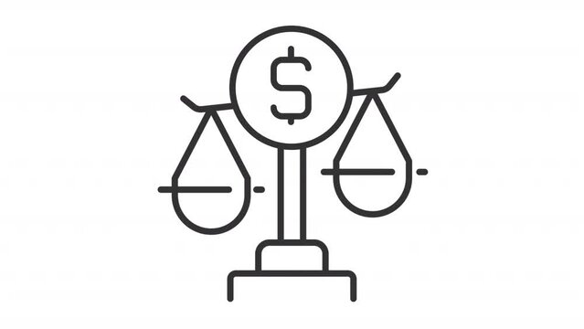 Financial law icon animation. Animated line balancing scale of justice with dollar sign. Banking service. Law firm. Loop HD video with alpha channel, transparent background. Outline motion graphic