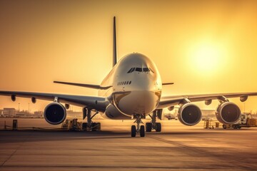 Fototapeta na wymiar airplane in the airport at sunset, ai generative