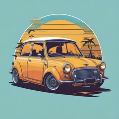 Small retro car on a yellow background