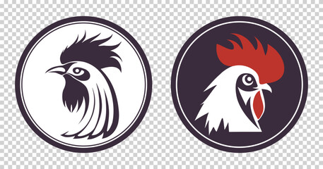 Vector set of round stickers, icons or emblems. A simple graphic head of a rooster with a crest.