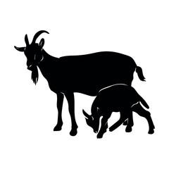 A black silhouette of a goat and a baby goat.