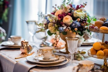 table setting for a wedding with flowers, ai generative