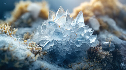 Macro photography of a raw gemstone. Uncut and unpolished Celestite crystal in nature. Generative AI - obrazy, fototapety, plakaty