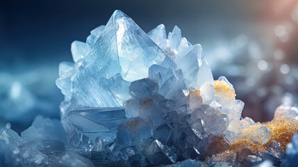 Celestite crystal on blue background. Ice like mineral. Macro photography of rough uncut gemstone. Generative AI