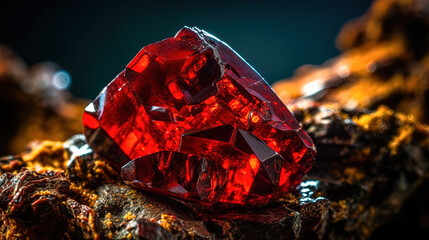 Precious red gemstone. Rare Cinnabar crystal. Mineral macro photography. Generative AI