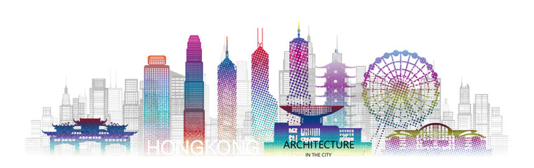 Modern architecture skyscrapers in Hong Kong with colorful halftone. - 602598693