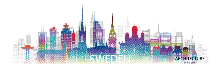 Travel architecture silhouette in Sweden with colorful halftone style. - obrazy, fototapety, plakaty