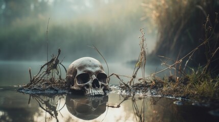 Decaying old human skull in dirty murky misty wet swamp mud, death and decay, unsolved crime scene, murder mystery - generative AI	
