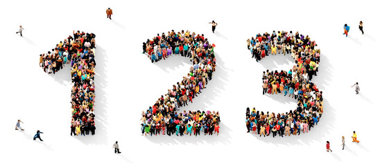 Large and diverse group of people gathered together in the shape of the numbers one (1), two (2) and three (3), human infographics concept, on transparent background