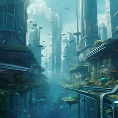 Discover the mesmerizing beauty of a submerged metropolis, crafted by the ingenuity of AI technology, where modernity and marine life coexist in harmony