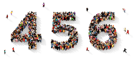 Large and diverse group of people gathered together in the shape of the numbers four (4), five (5), and six (6), human infographics concept, on transparent background